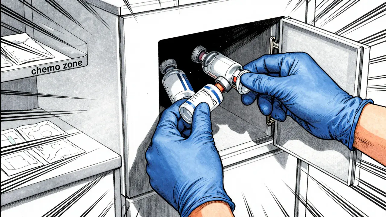 Hands in nitrile gloves storing chemotherapy medication safely in cabinet