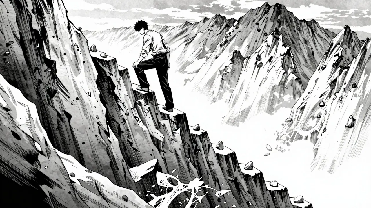 Manga figure climbing steps representing slow drug titration