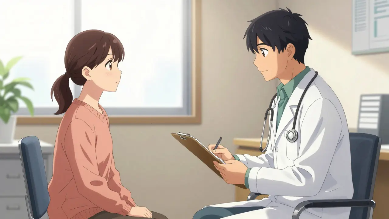 Mother talking to doctor in sunlit office for support