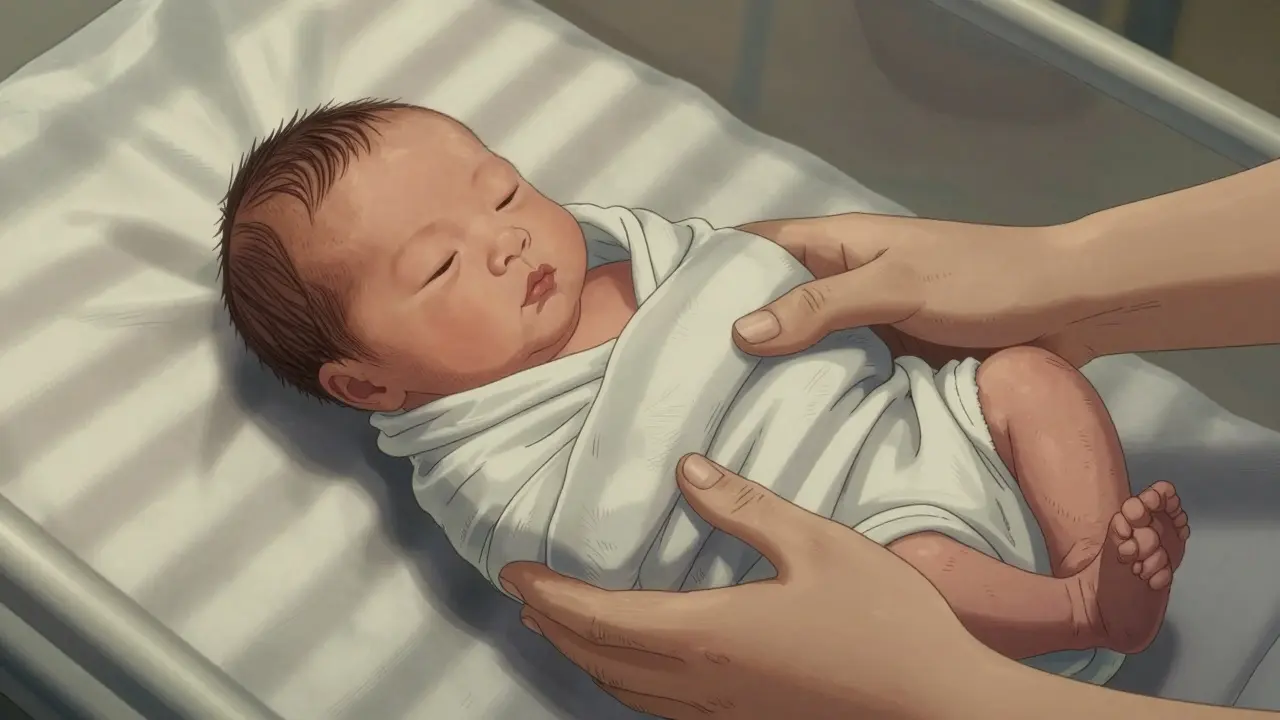 Newborn being swaddled gently in shadowy Gekiga illustration