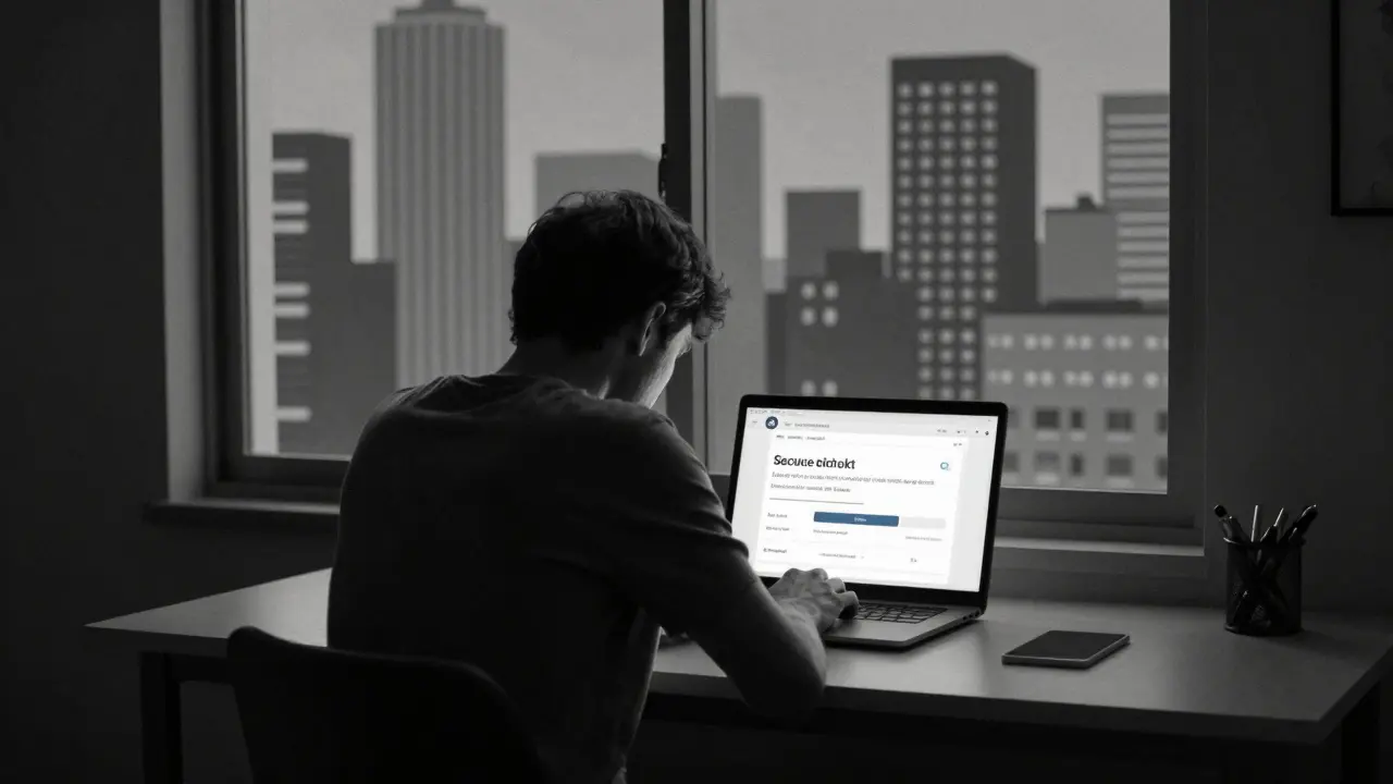 Person ordering medication securely on laptop in dimly lit room