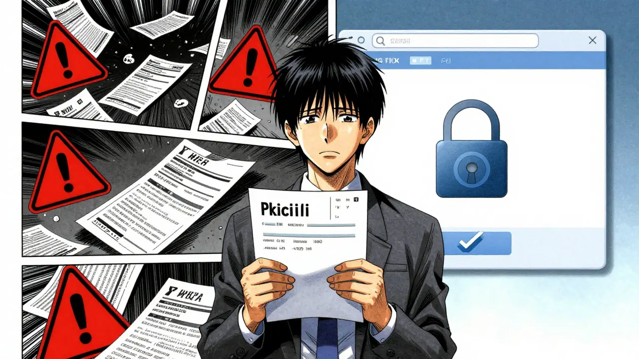 Split scene contrasting medical scam risks with safe online pharmacy