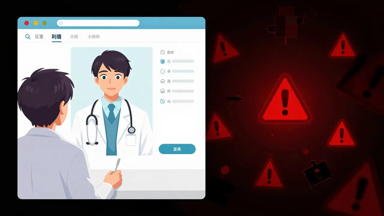 Split view contrasting safe telemedicine with fake pharmacy risks