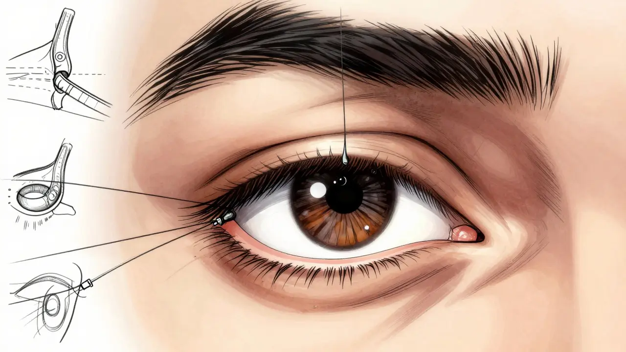 Stylized diagram of eyelid surgery tightening the lifting muscle