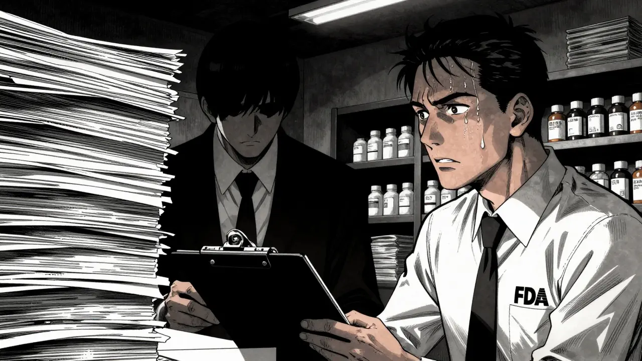 Tense FDA inspection scene with paperwork in Gekiga style
