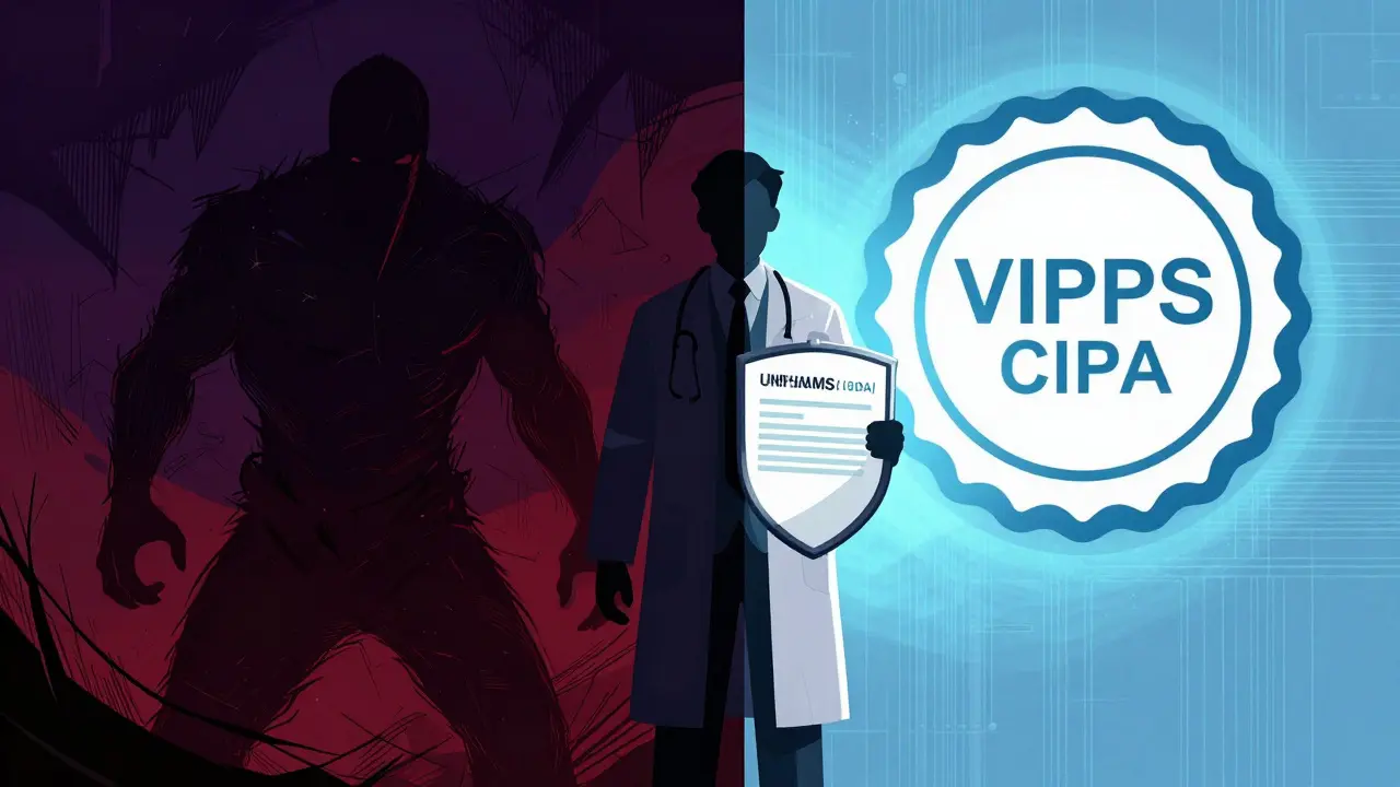 Visual guide contrasting safe vs unsafe online pharmacies in Gekiga style