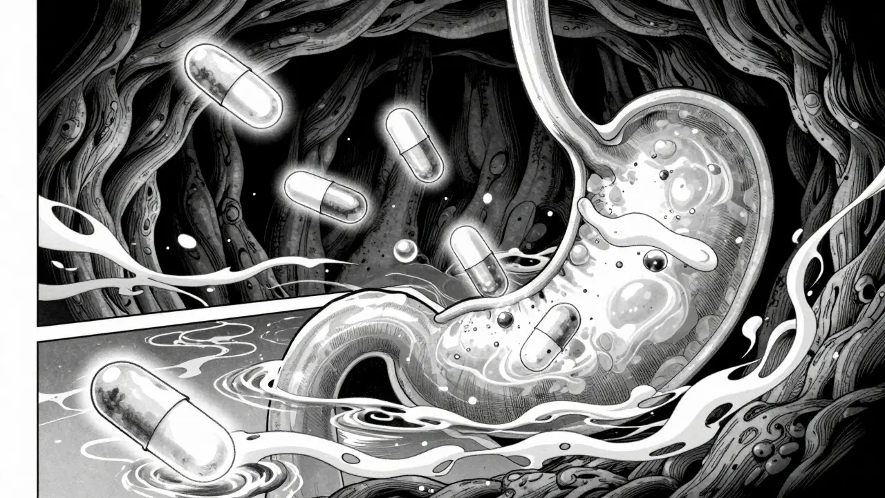 Antifungal capsules failing to dissolve in stomach acid, manga art