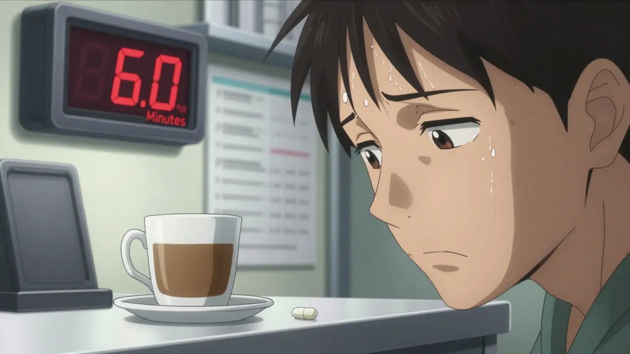 Anxious patient waiting 60 minutes before drinking coffee after thyroid meds