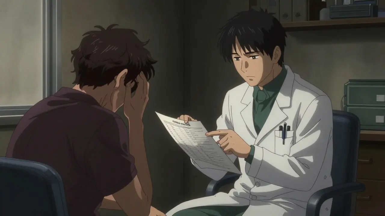 Doctor reviewing blood test results with anxious patient in office