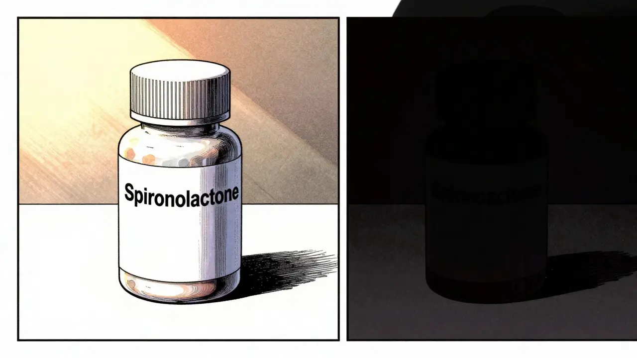 Generic pill bottle in sunlight vs dark brand box in Gekiga style