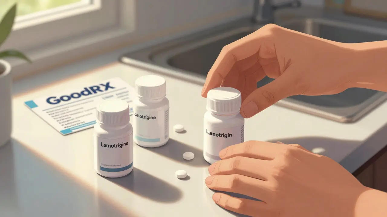 Hands organizing generic pills with discount coupon
