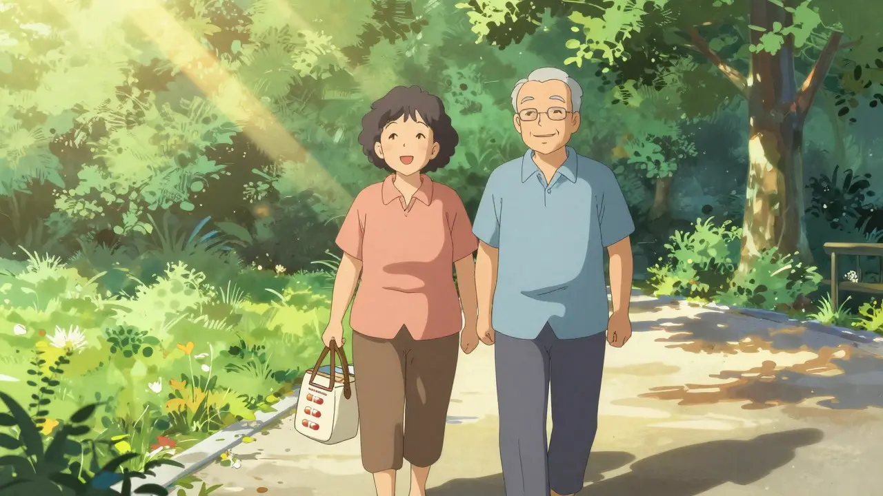 Happy elderly couple walking with single medication bag in sunny park