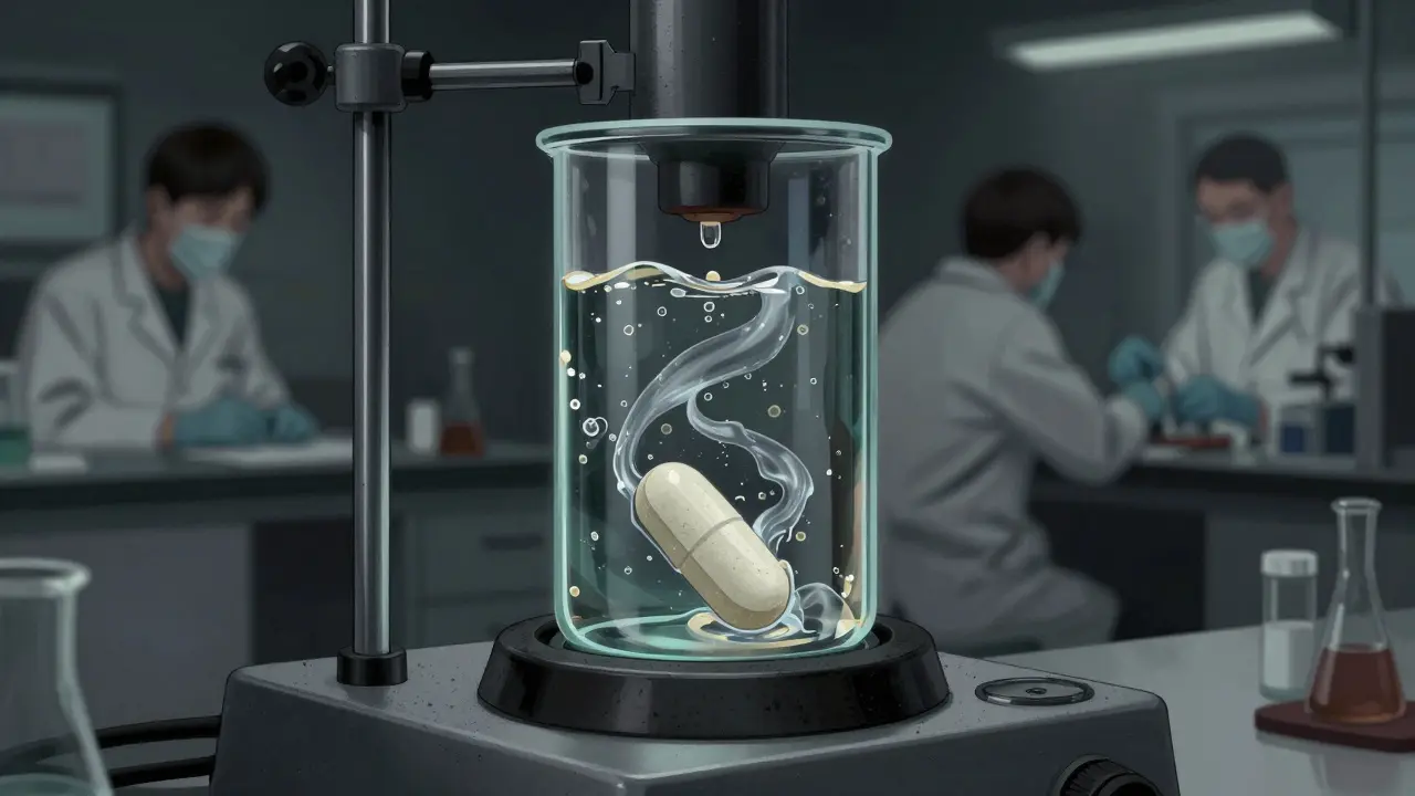 Laboratory dissolution testing of a tablet in a dark Gekiga style.