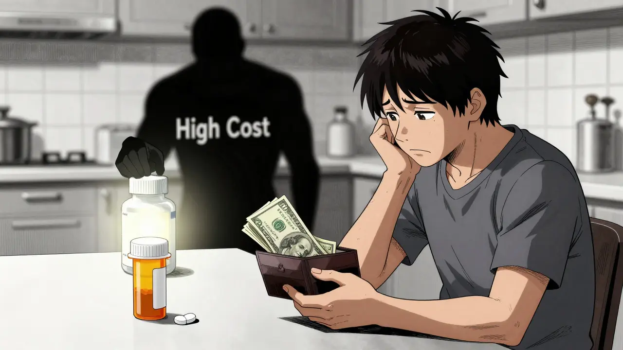 Patient saving money by choosing generic medication, depicted in high-contrast manga style.