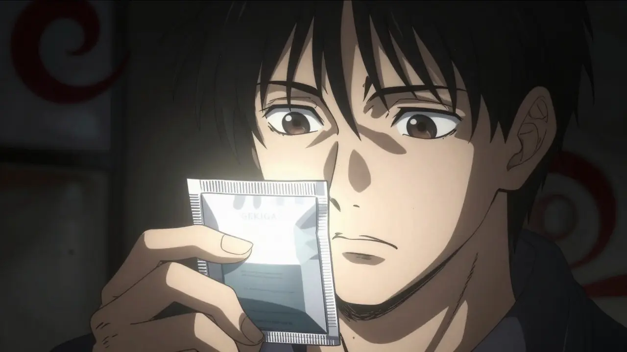 Person inspecting medicine package closely amidst chaotic shadows