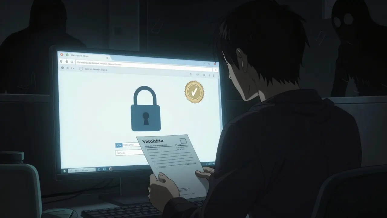 Person verifying safe online pharmacy credentials while avoiding scam threats in manga style.