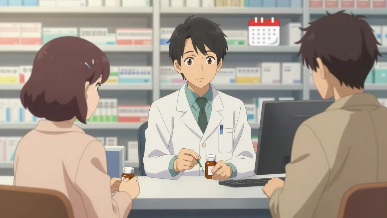 Pharmacist consulting with patient over organized prescriptions in calm setting