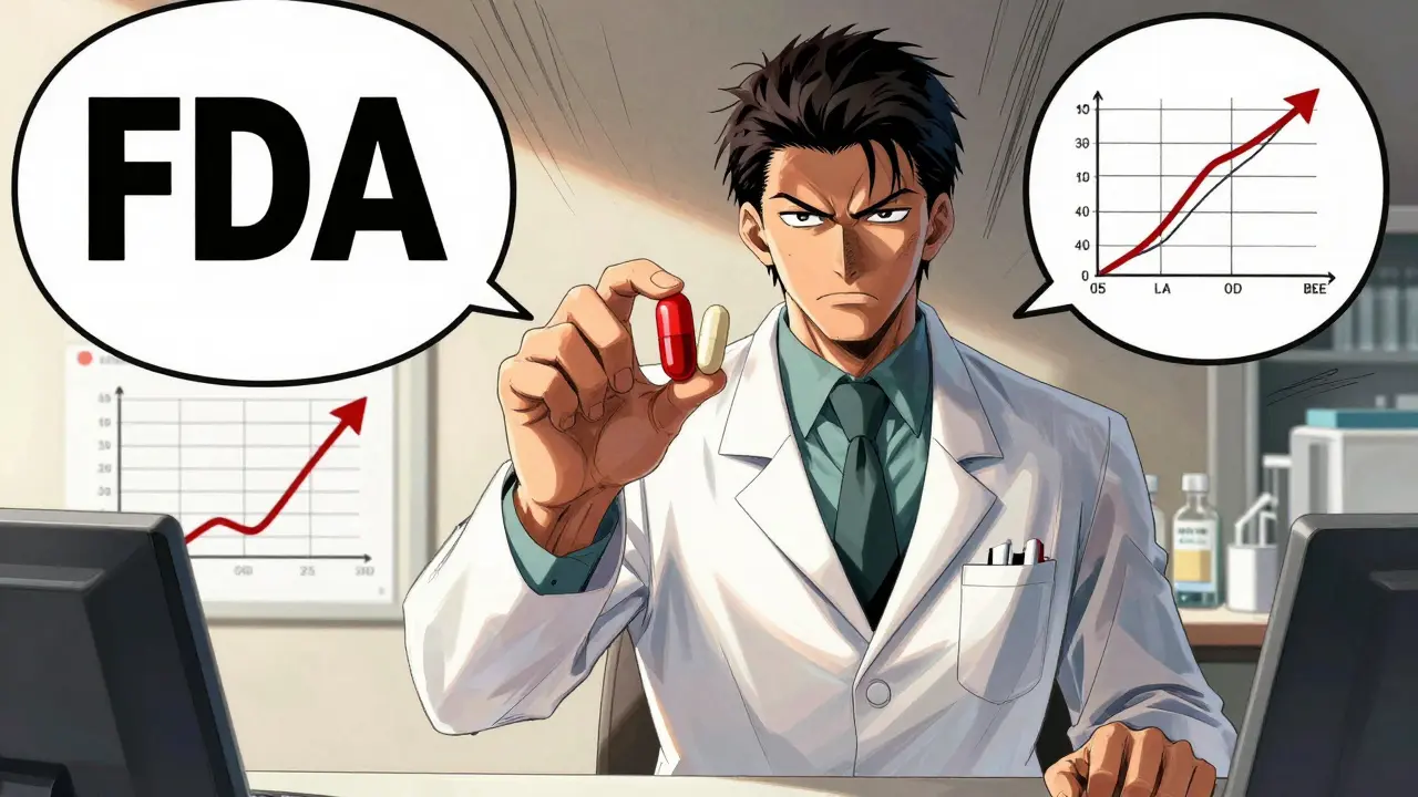 Pharmacist explaining bioequivalence science with dramatic shadows and symbolic charts.