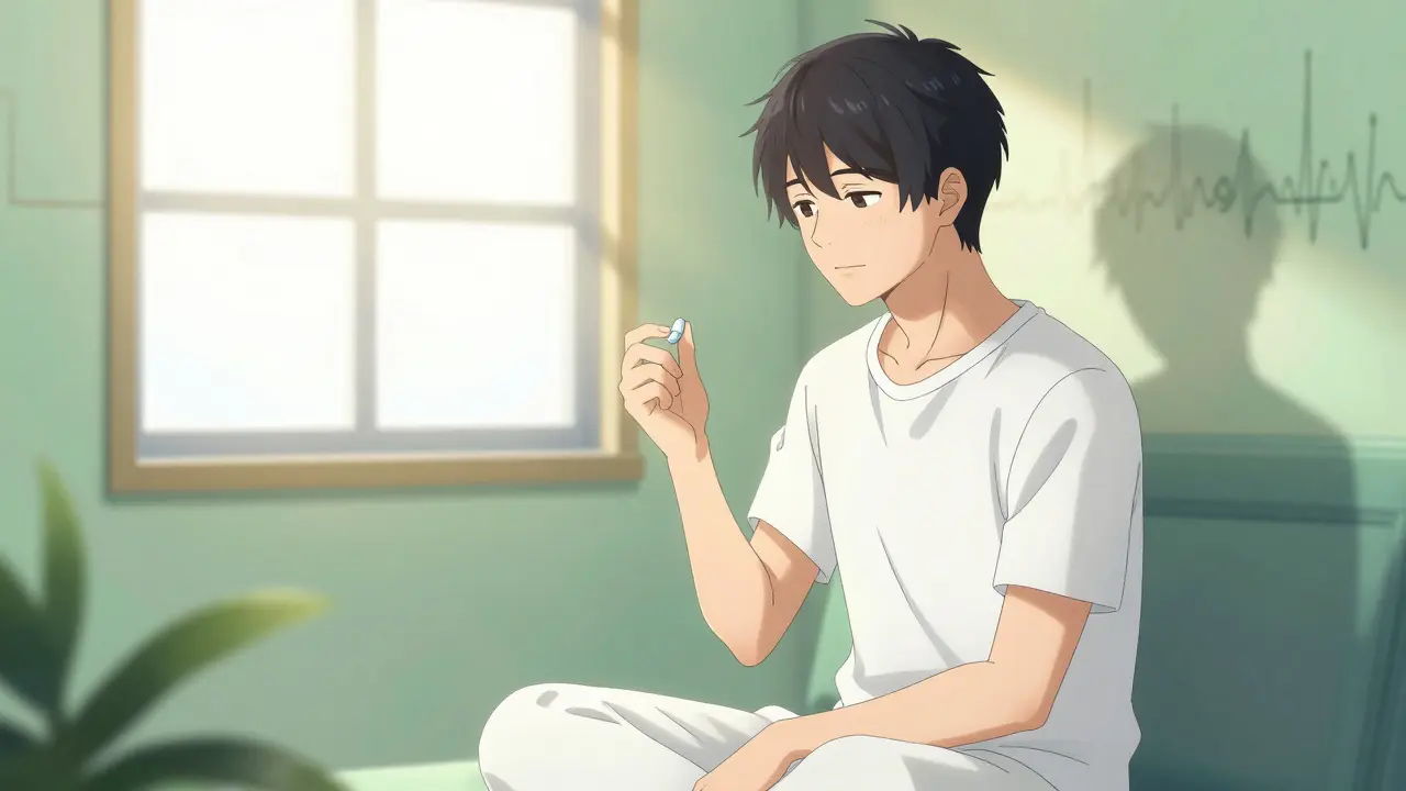 Serene anime figure taking thyroid pill correctly in sunlight