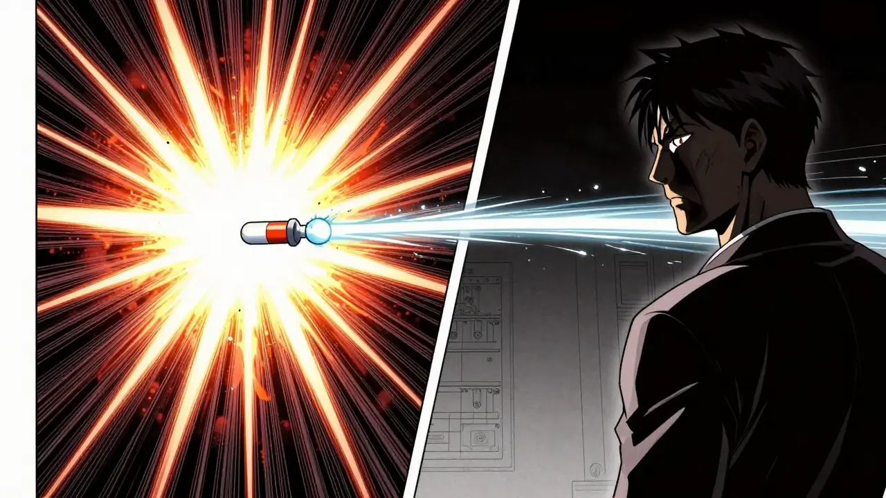 Split view of immediate and extended drug release phases in Gekiga art.