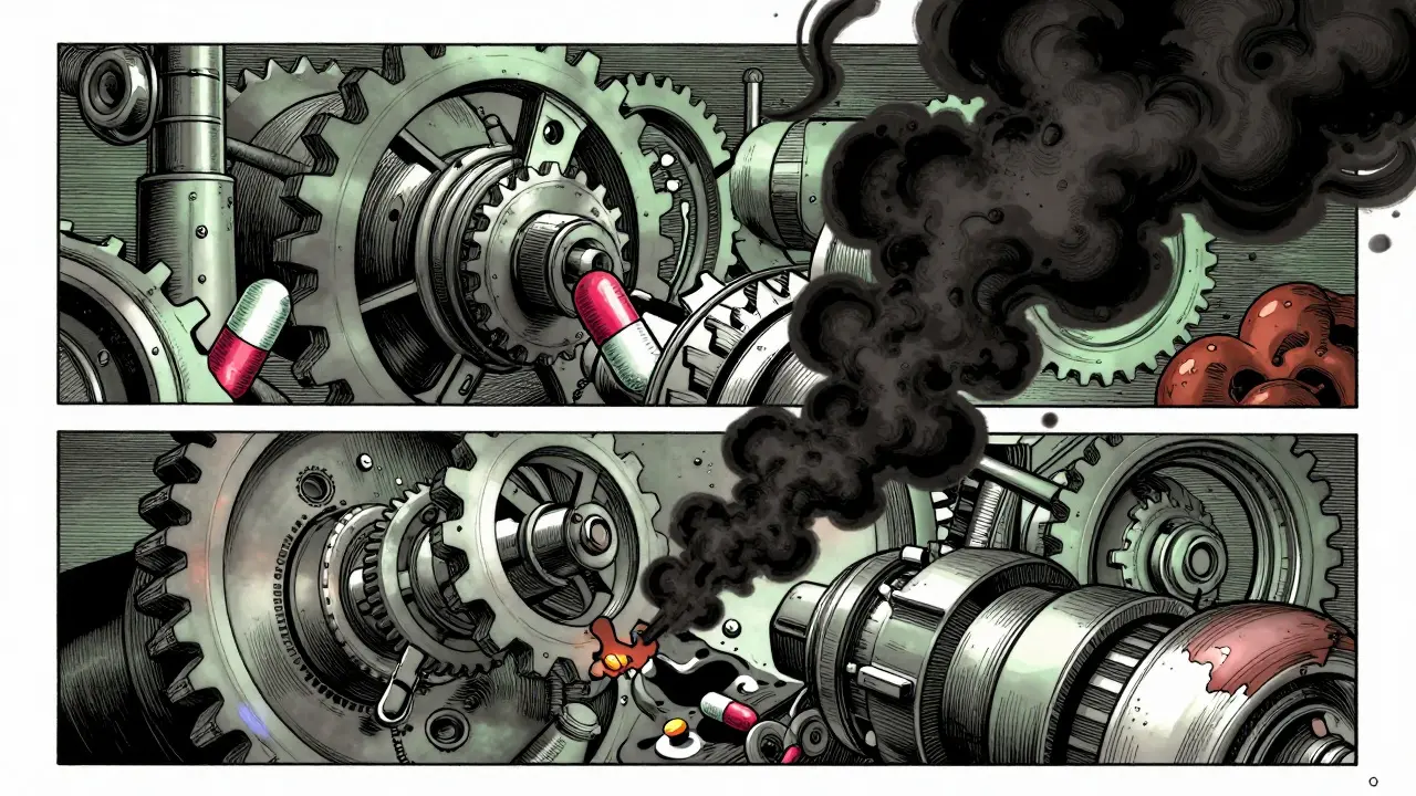 Stylized liver enzymes blocked by caffeine smoke preventing drug processing