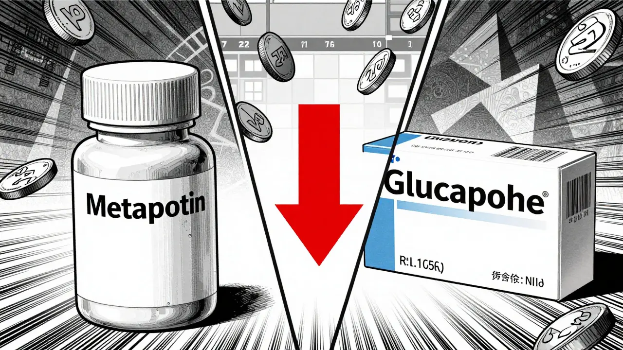 Visual comparison showing cost savings of generic metformin vs brand name in Gekiga art.