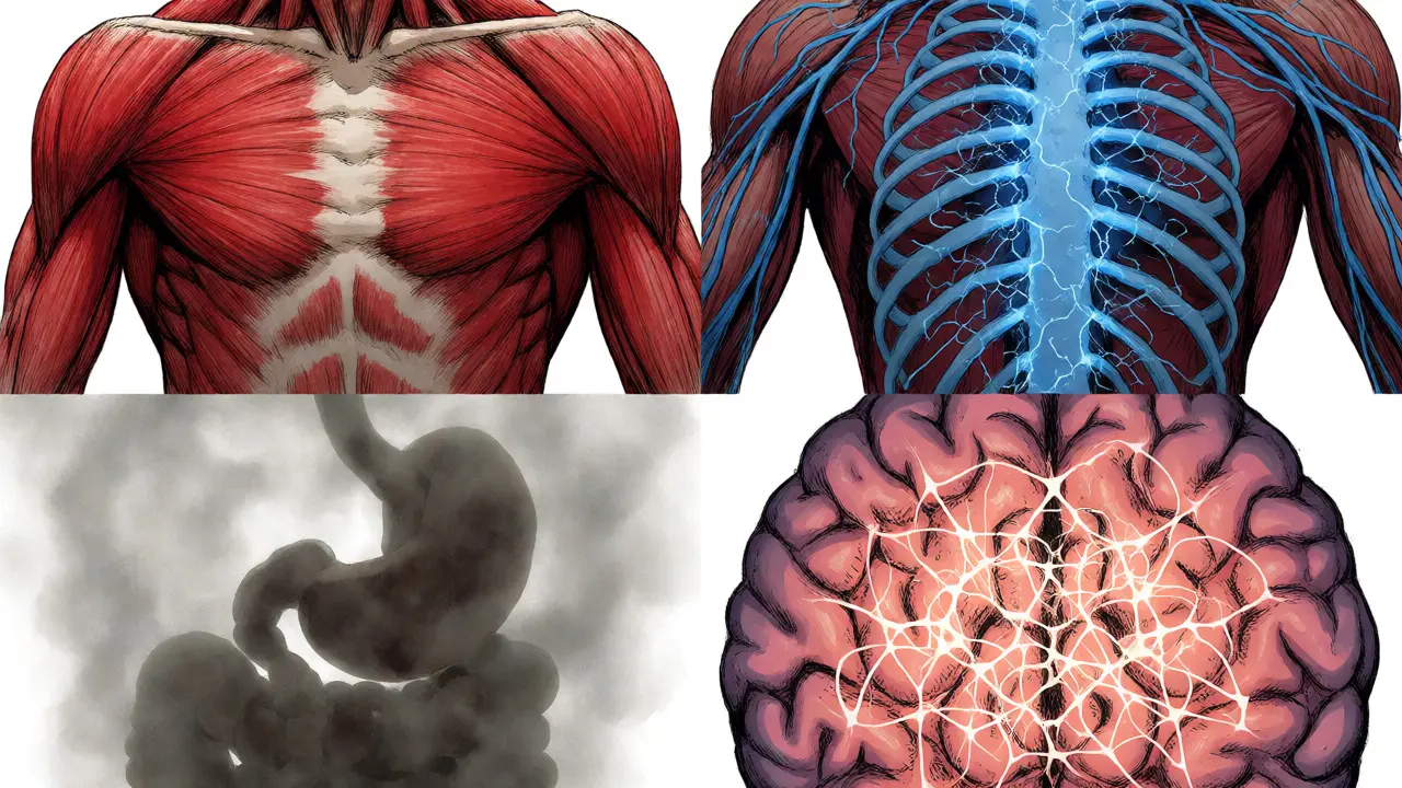 Abstract Gekiga illustration of four chronic pain types affecting body and brain