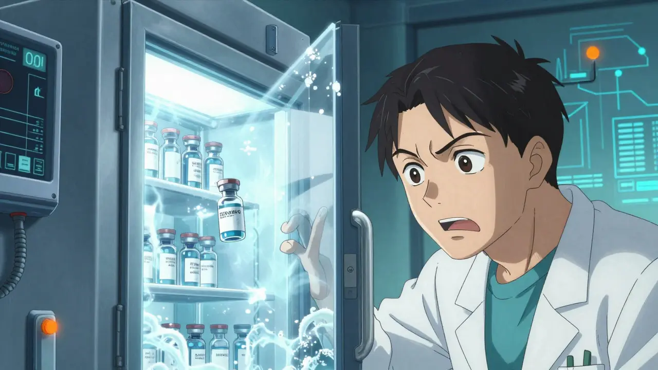 Close-up Gekiga anime of a technician checking ultra-cold biologic storage with warning lights