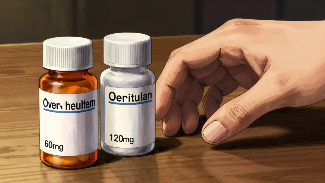 Close-up of two medicine bottles and a hand in Gekiga style