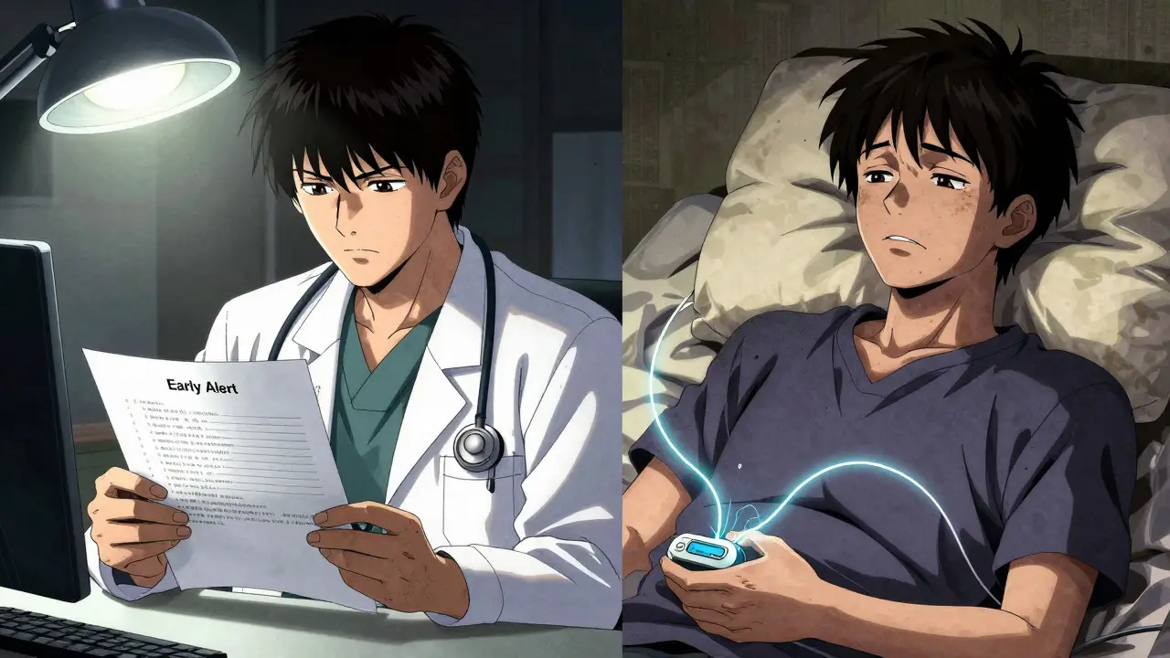 Doctor reading early alert while patient feels safe at home