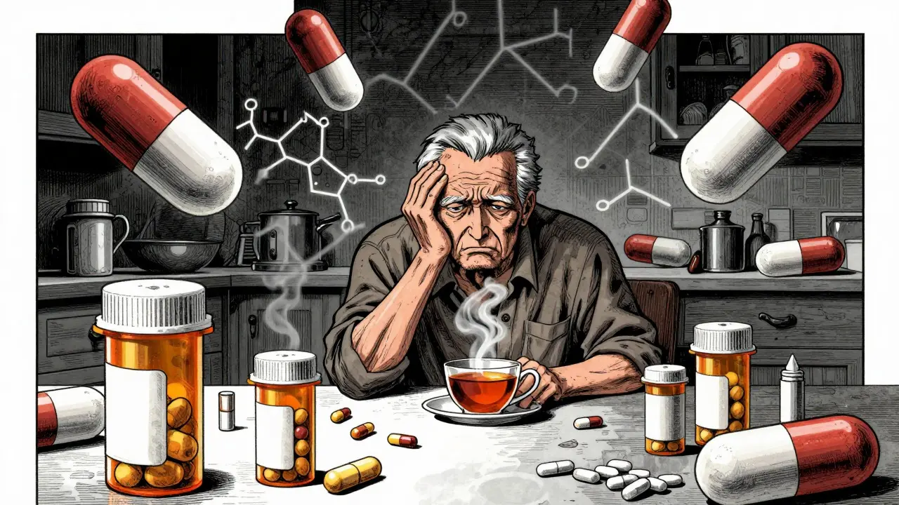 Elderly man overwhelmed by pill bottles with chemical silhouettes in background