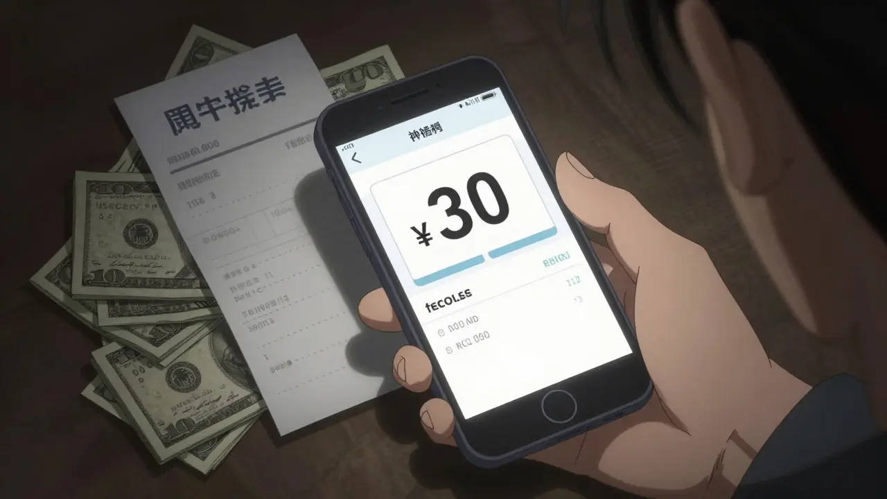 Hand using a phone to find prescription discounts next to cash