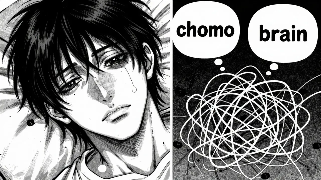 Manga style depiction of chemo fatigue and cognitive fog