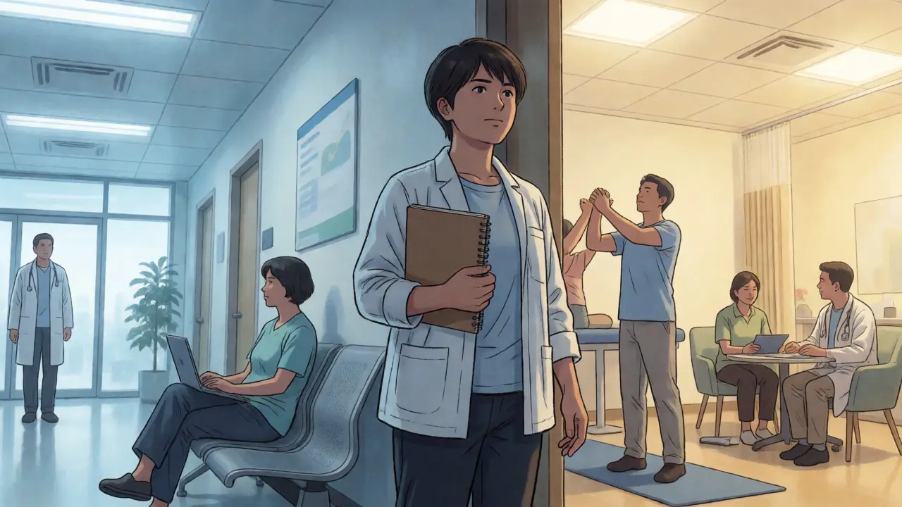 Patient in Gekiga style walking confidently through a clinic towards multidisciplinary care