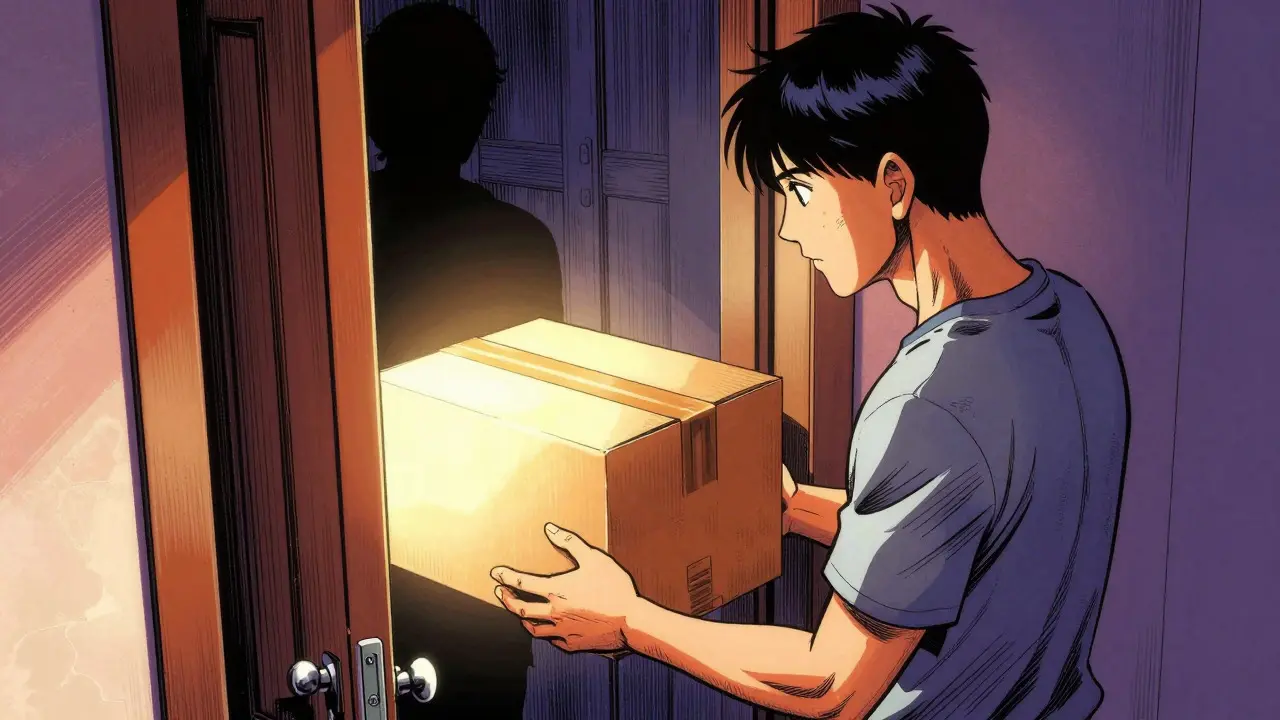 Person opening a glowing delivery box at their front door