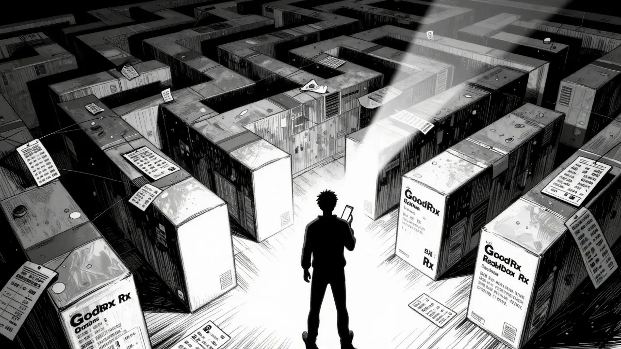 Person using phone light to navigate maze of medicine boxes
