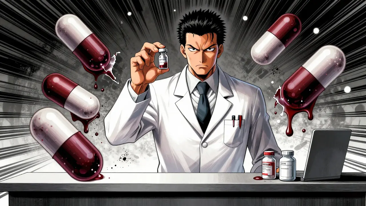 Pharmacist holding a vial like evidence amidst spilled contaminated pills