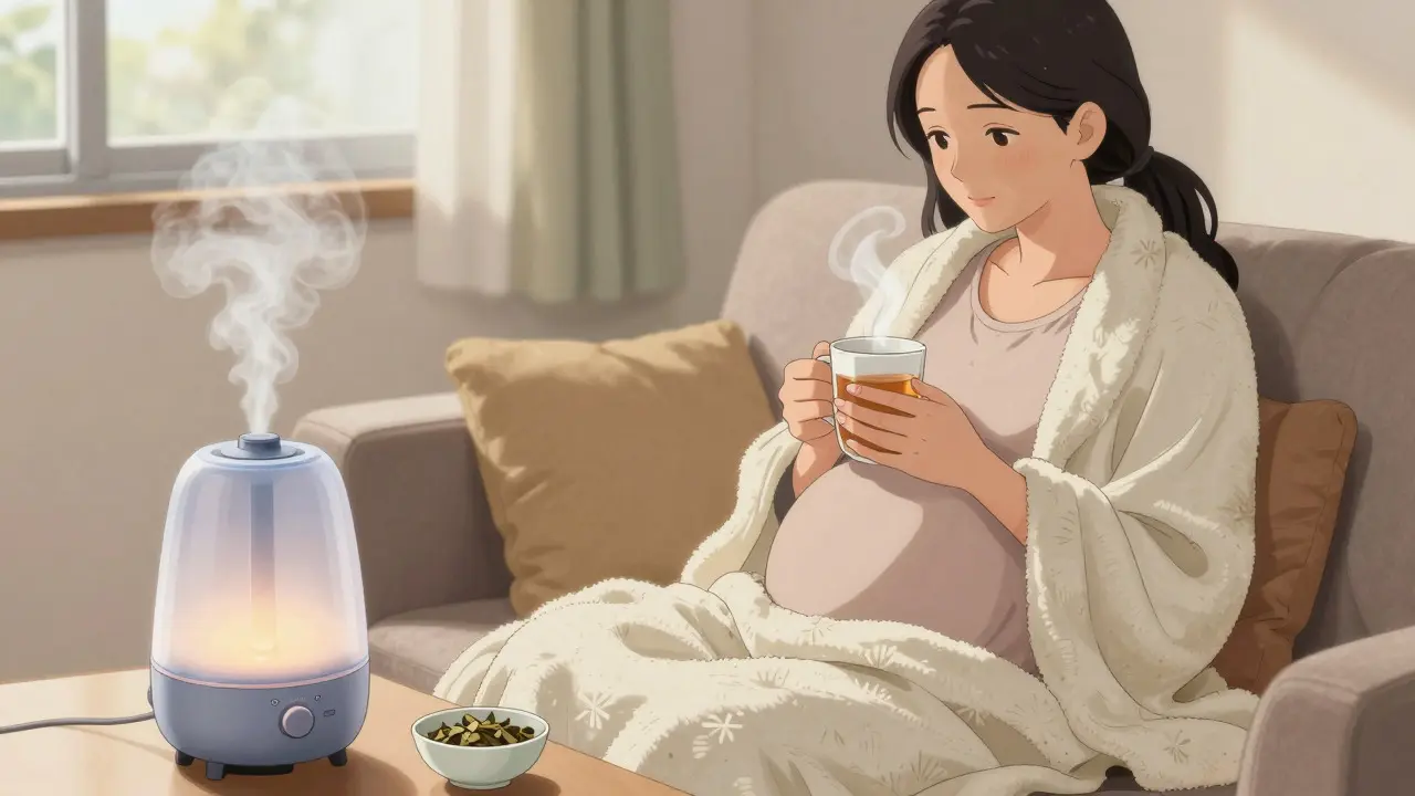 Pregnant woman resting with tea and humidifier using natural remedies