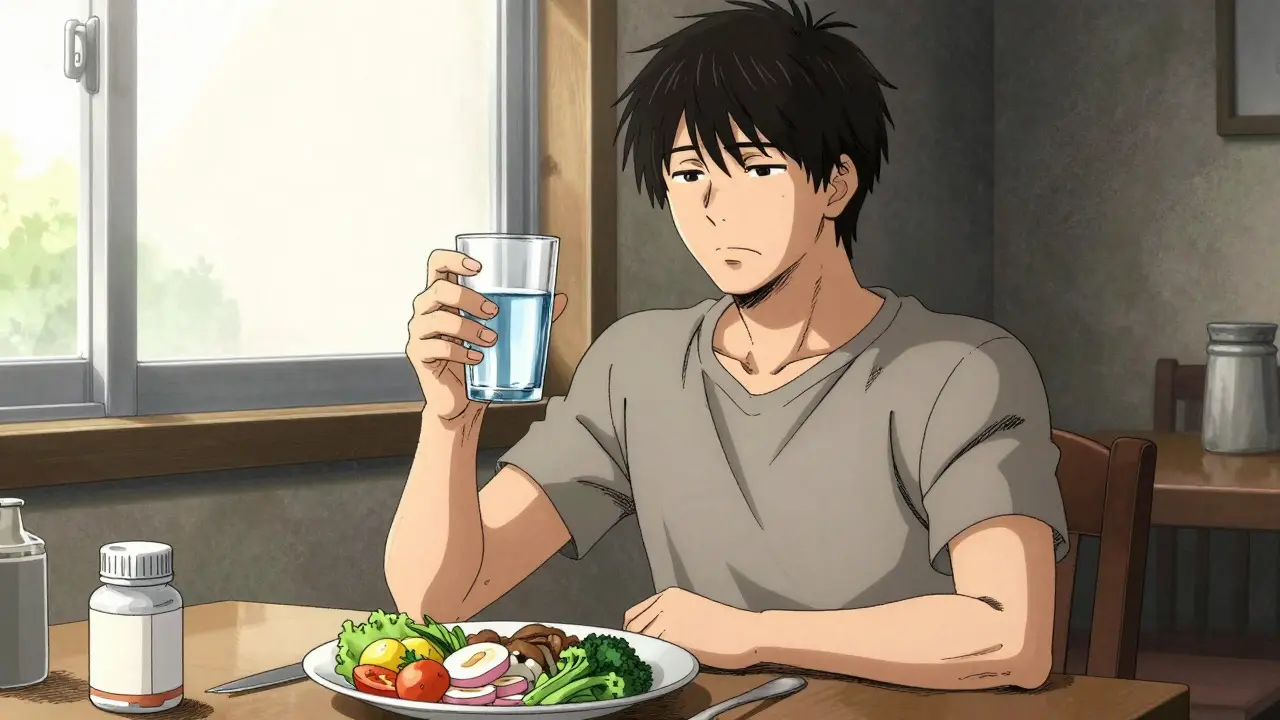 Relaxed person eating a healthy meal and drinking water at a table