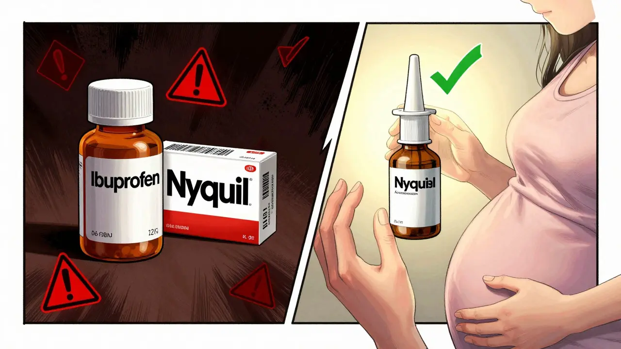 Split screen comparing dangerous NSAIDs vs safe acetaminophen for pregnancy