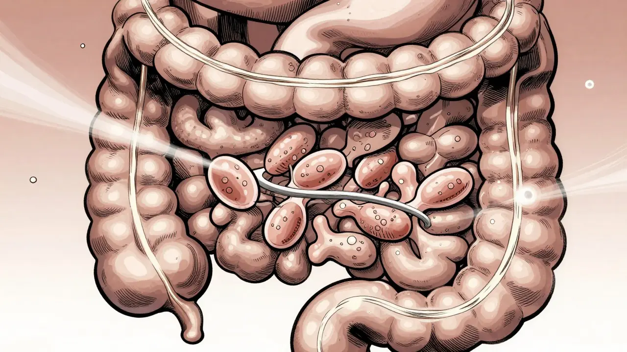 Stylized cross-section of intestines showing cholesterol blockage and gas