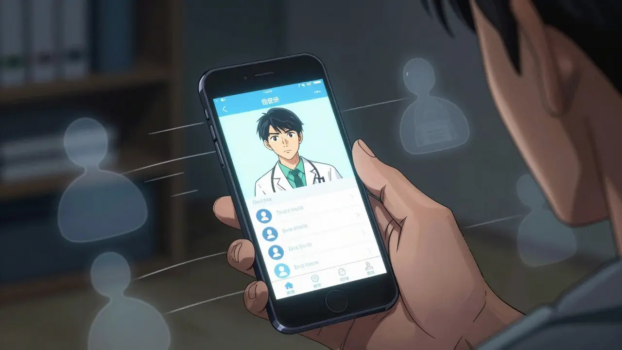 User accessing telehealth service on smartphone in Gekiga style