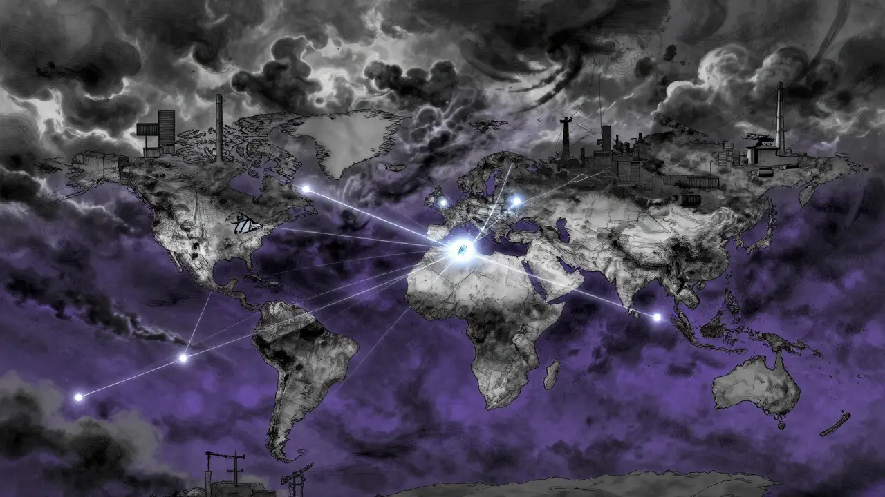Wide Gekiga anime view of a fragmented global supply chain network with glowing tracking lines