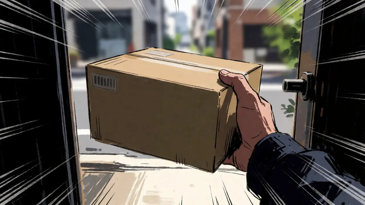 Hand receiving a secure medication delivery package in Gekiga style.