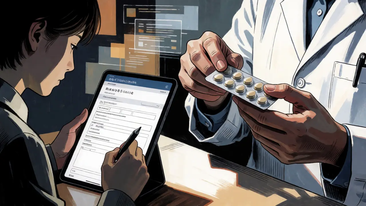 Patient consulting online while pharmacist inspects pills in Gekiga style.